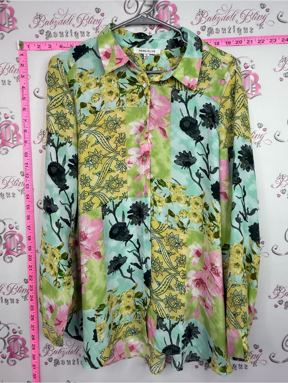 Rose & Olive Pastel Floral Patchwork Button-Up Shirt long sleeve